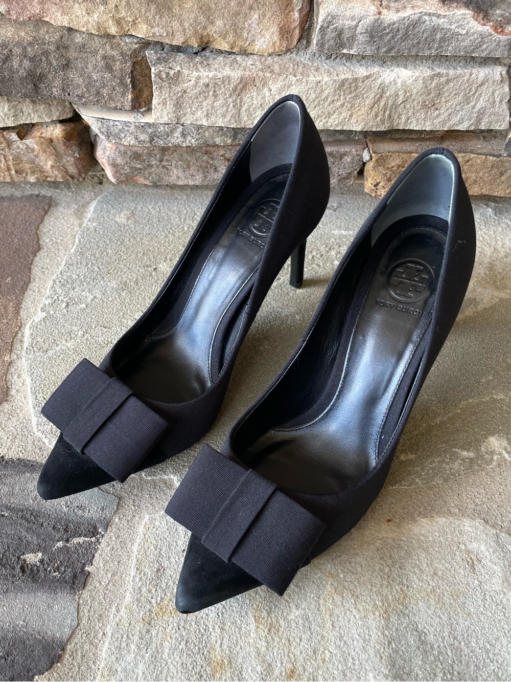Tory Burch Aria Black Grosgrain Pumps Heels Classic Bow Size 7.5